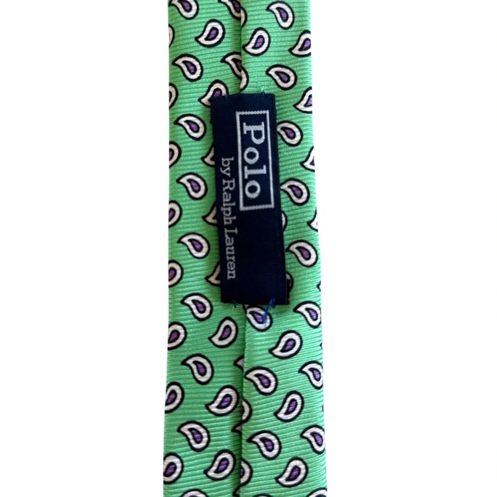 Polo Ralph Lauren Silk Necktie Mens Green Paisley Hand Made In Italy Classic Tie